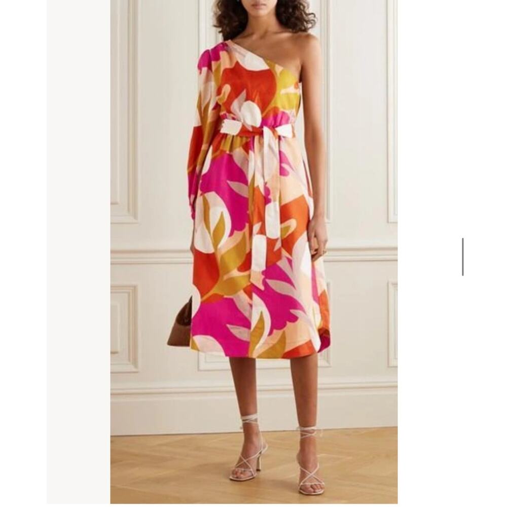 Rebecca Vallance Sangria One Shoulder Linen Blend Belted Midi Dress 2